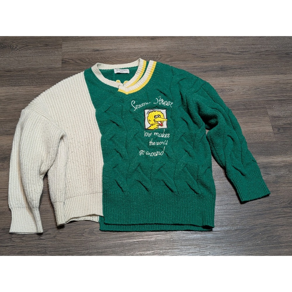 13DE MARZO x Sesame Street Big Bird Split Cable Knit Sweater Green Cream L/XL